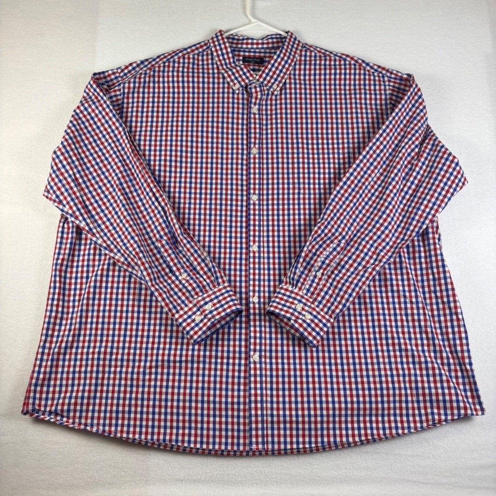 Double Pump Mens 3XLT Gingham Button Down Shirt Red White Blue Cotton Long Sleev